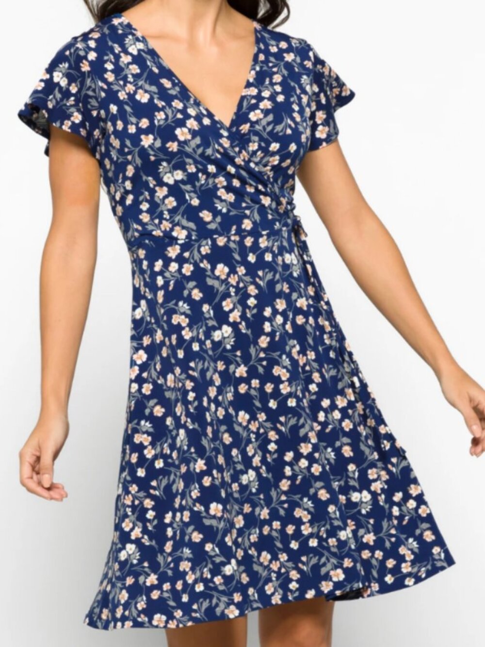 Kaileigh - L - Navy Blue Floral Wrap Dress